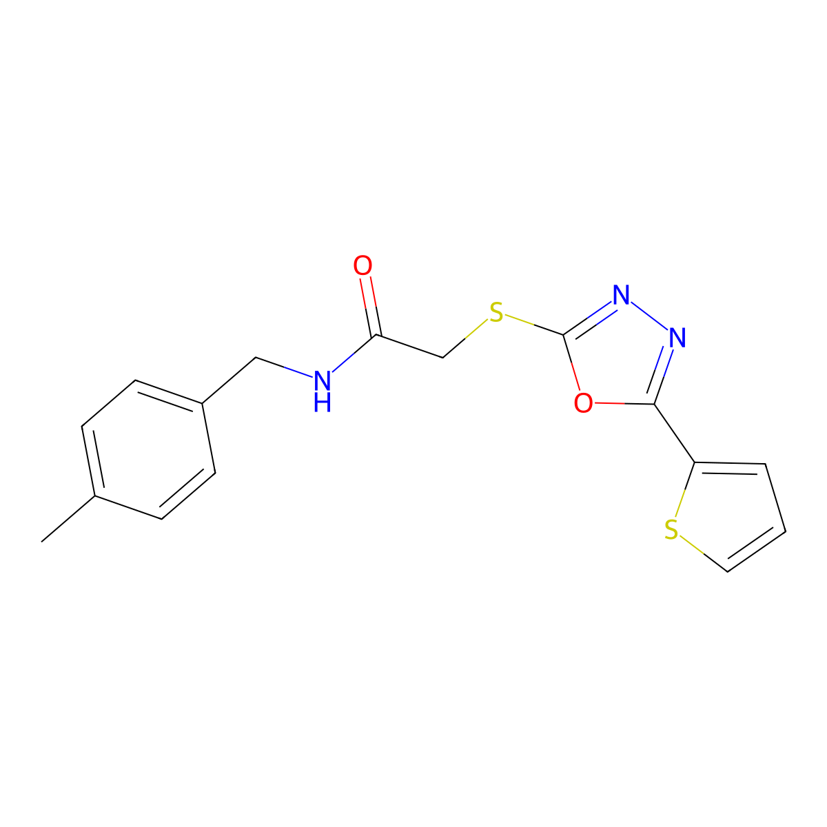 N-(4-methylbenzyl)-2-{[5-(thiophen-2-yl)-1,3,4-oxadiazol-2-yl]sulfanyl}acetamide molecular structure, CAS 764705-94-4