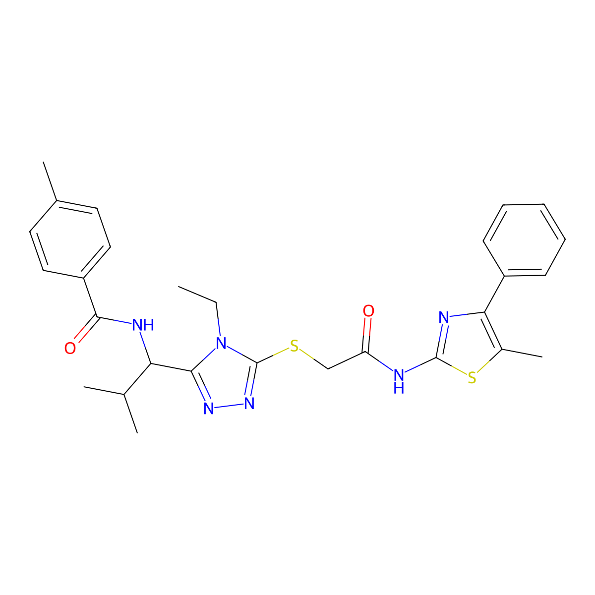 N-[1-[4-ethyl-5-[2-[(5-methyl-4-phenyl-1,3-thiazol-2-yl)amino]-2-oxoethyl]sulfanyl-1,2,4-triazol-3-yl]-2-methylpropyl]-4-methylbenzamide molecular structure, CAS 764712-91-6