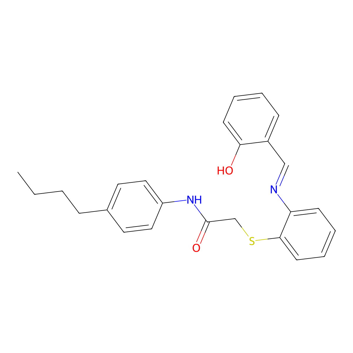 N-(4-Butylphenyl)-2-((2-((2-hydroxybenzylidene)amino)phenyl)thio)acetamide molecular structure, CAS 765285-01-6