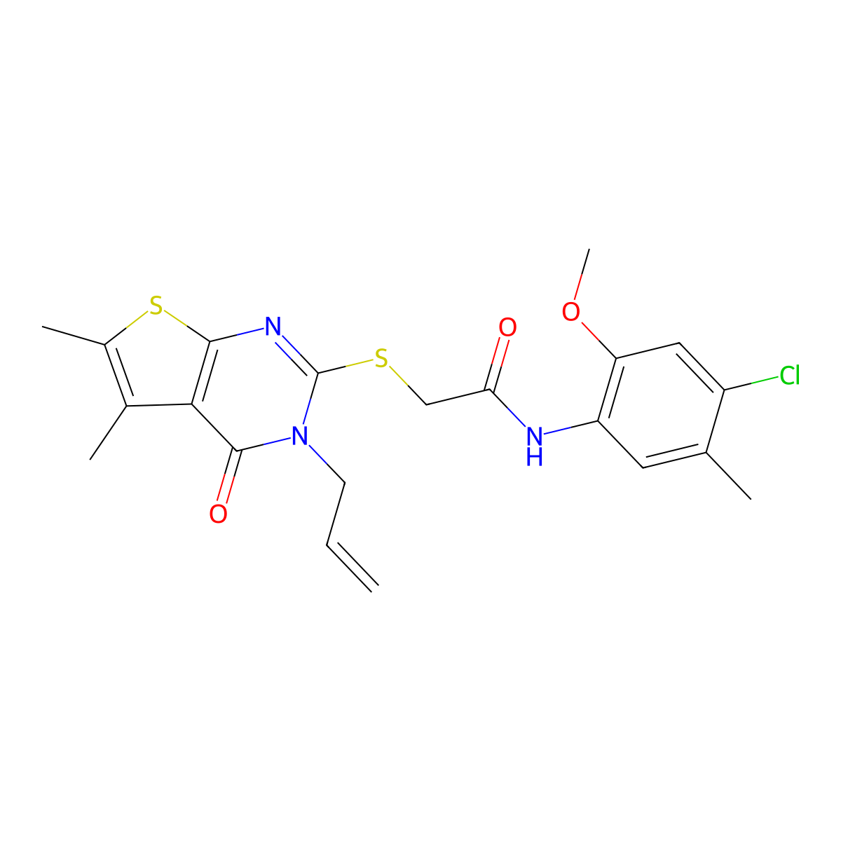 N-(4-chloro-2-methoxy-5-methylphenyl)-2-{[5,6-dimethyl-4-oxo-3-(prop-2-en-1-yl)-3,4-dihydrothieno[2,3-d]pyrimidin-2-yl]sulfanyl}acetamide molecular structure, CAS 765290-50-4
