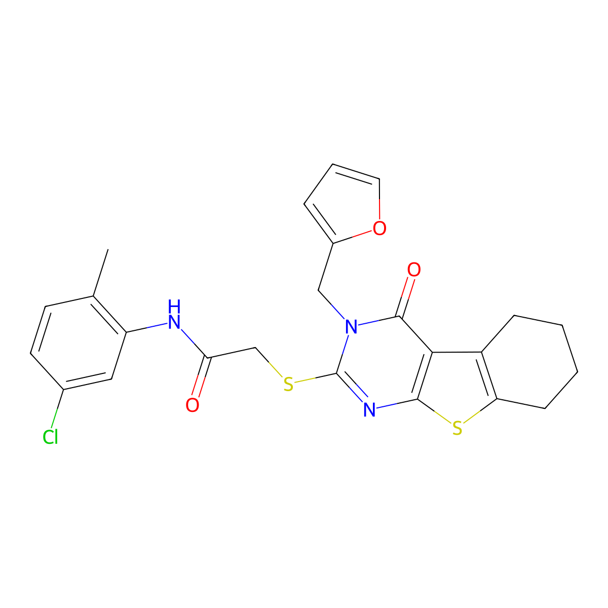N-(5-chloro-2-methylphenyl)-2-[3-(2-furylmethyl)-4-oxo(3,5,6,7,8-pentahydroben zo[b]thiopheno[2,3-d]pyrimidin-2-ylthio)]acetamide molecular structure, CAS 765291-52-9