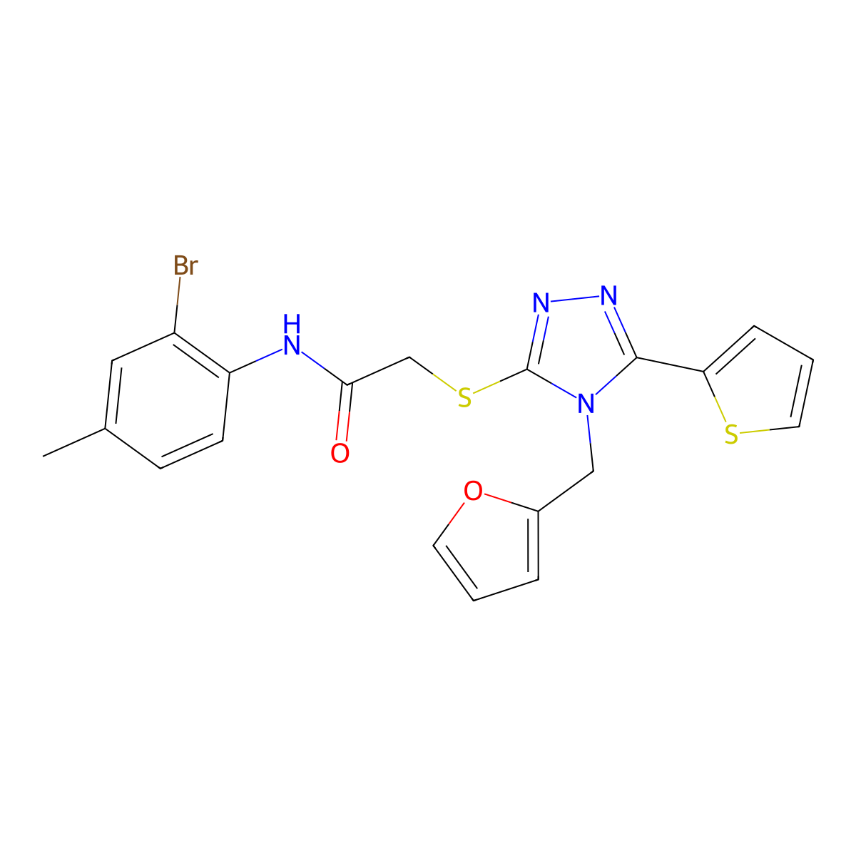 N-(2-bromo-4-methylphenyl)-2-{[4-(furan-2-ylmethyl)-5-(thiophen-2-yl)-4H-1,2,4-triazol-3-yl]sulfanyl}acetamide molecular structure, CAS 765293-15-0