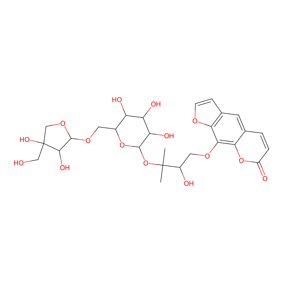 9-[3-[6-[[3,4-Dihydroxy-4-(hydroxymethyl)oxolan-2-yl]oxymethyl]-3,4,5-trihydroxyoxan-2-yl]oxy-2-hydroxy-3-methylbutoxy]furo[3,2-g]chromen-7-one molecular structure, CAS 765316-44-7