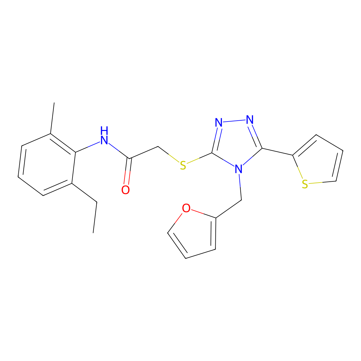 N-(2-ethyl-6-methylphenyl)-2-{[4-(furan-2-ylmethyl)-5-(thiophen-2-yl)-4H-1,2,4-triazol-3-yl]sulfanyl}acetamide molecular structure, CAS 765903-44-4