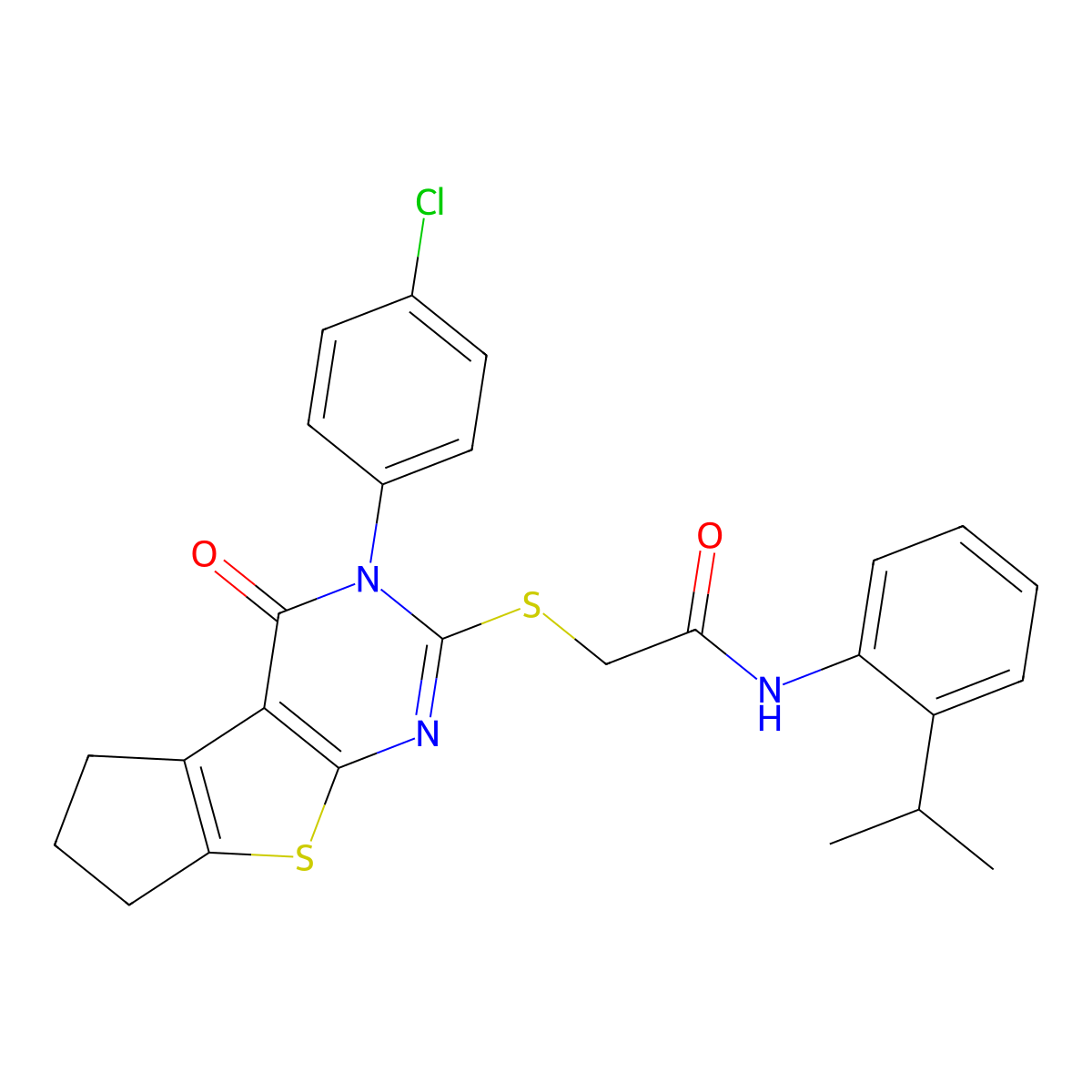 2-((3-(4-chlorophenyl)-4-oxo-4,5,6,7-tetrahydro-3H-cyclopenta[4,5]thieno[2,3-d]pyrimidin-2-yl)thio)-N-(2-isopropylphenyl)acetamide molecular structure, CAS 765905-66-6