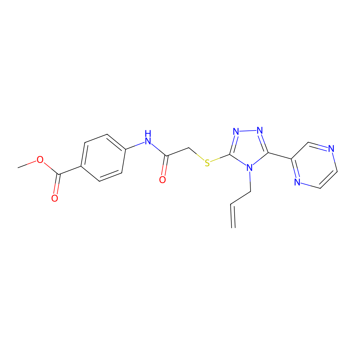 methyl 4-[({[4-(prop-2-en-1-yl)-5-(pyrazin-2-yl)-4H-1,2,4-triazol-3-yl]sulfanyl}acetyl)amino]benzoate molecular structure, CAS 765906-12-5