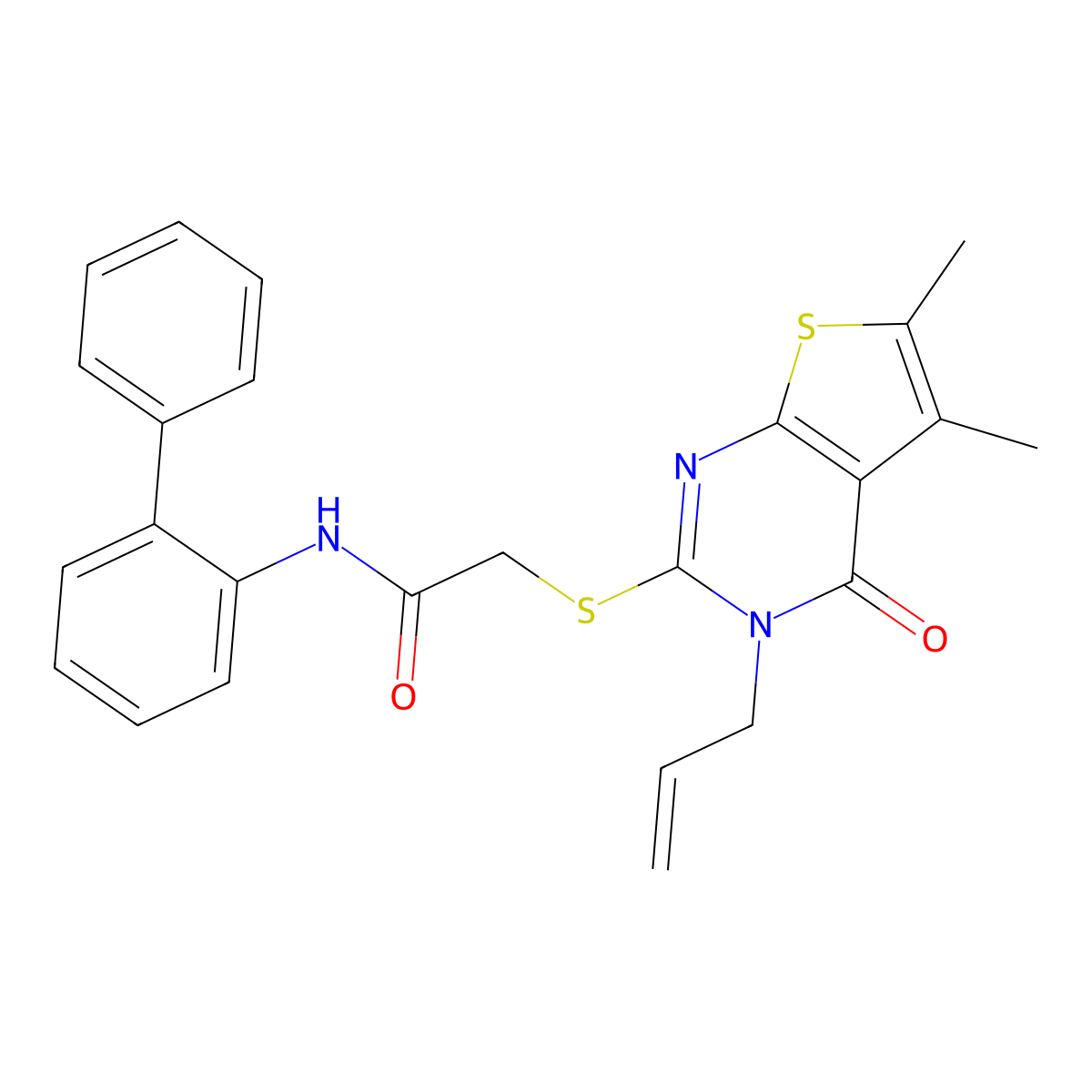 2-(5,6-dimethyl-4-oxo-3-prop-2-enyl(3-hydrothiopheno[2,3-d]pyrimidin-2-ylthio))-N-(2-phenylphenyl)acetamide molecular structure, CAS 765907-31-1