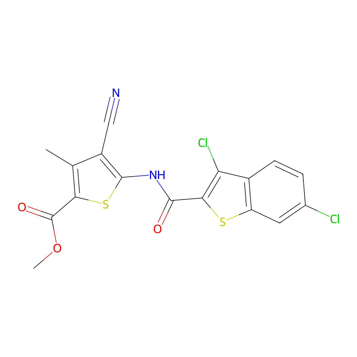 Methyl 4-cyano-5-[(3,6-dichloro-1-benzothiophene-2-carbonyl)amino]-3-methylthiophene-2-carboxylate molecular structure, CAS 765926-29-2