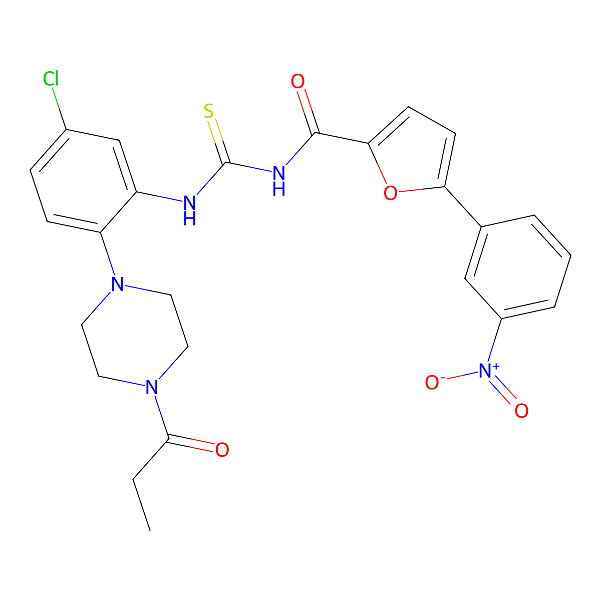 N-[[5-chloro-2-(4-propanoylpiperazin-1-yl)phenyl]carbamothioyl]-5-(3-nitrophenyl)furan-2-carboxamide molecular structure, CAS 765926-31-6