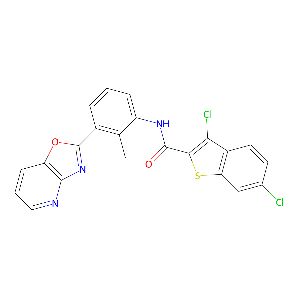 3,6-dichloro-N-[2-methyl-3-([1,3]oxazolo[4,5-b]pyridin-2-yl)phenyl]-1-benzothiophene-2-carboxamide molecular structure, CAS 765926-84-9