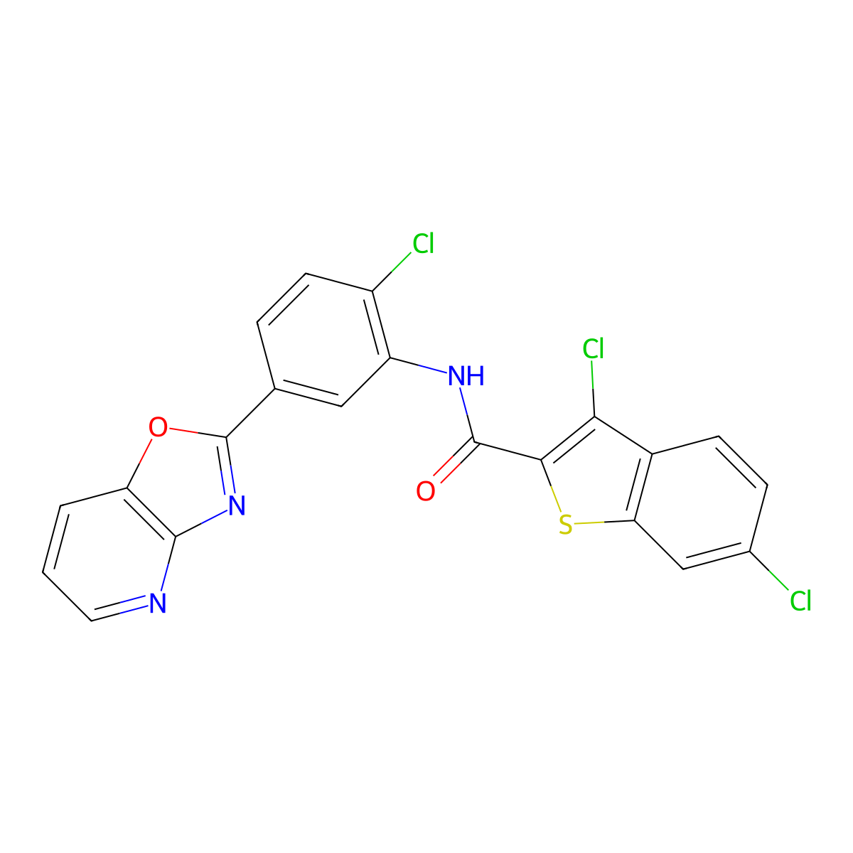 3,6-dichloro-N-[2-chloro-5-([1,3]oxazolo[4,5-b]pyridin-2-yl)phenyl]-1-benzothiophene-2-carboxamide molecular structure, CAS 765927-39-7