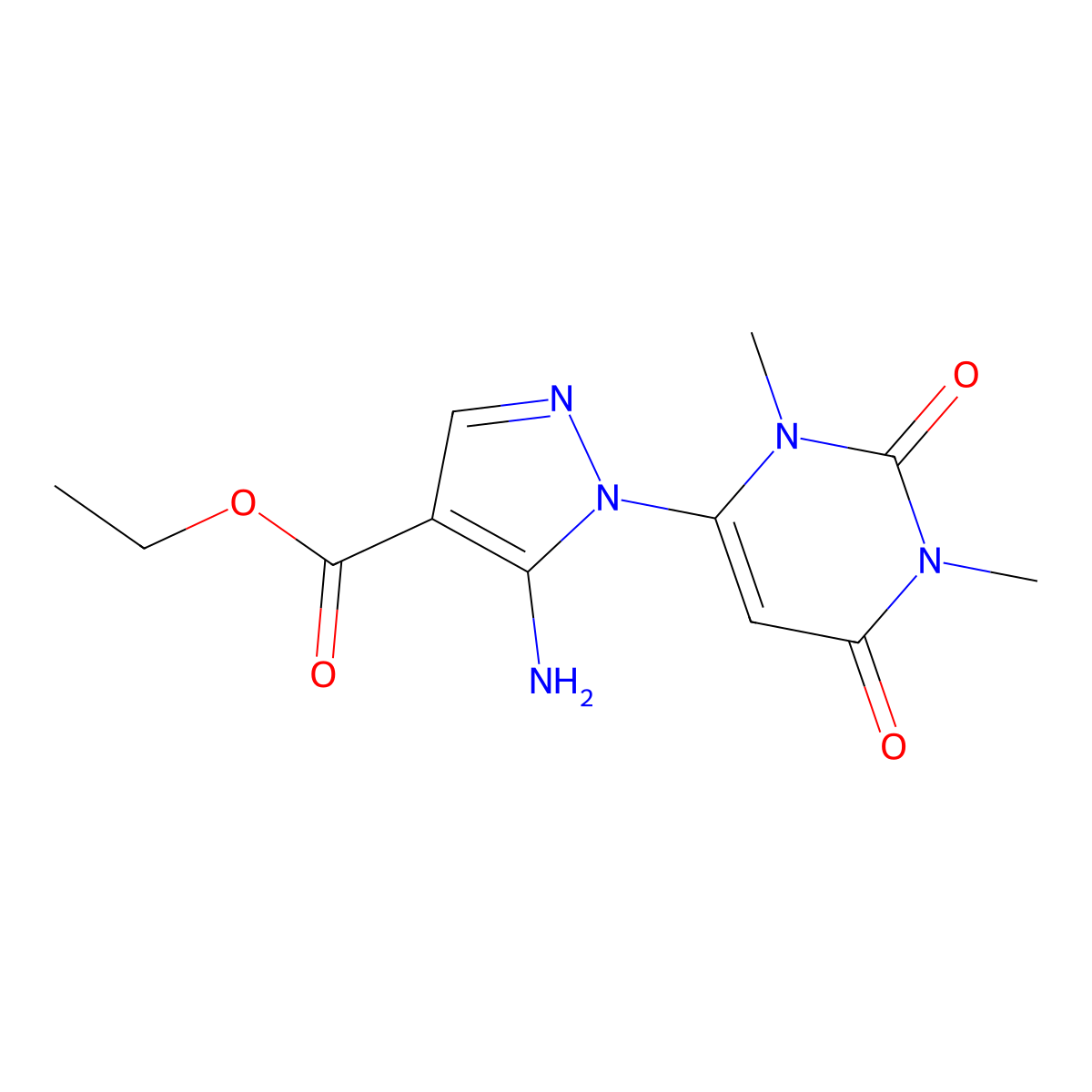 ethyl 5-amino-1-(1,3-dimethyl-2,6-dioxo-1,2,3,6-tetrahydropyrimidin-4-yl)-1H-pyrazole-4-carboxylate molecular structure, CAS 76629-68-0