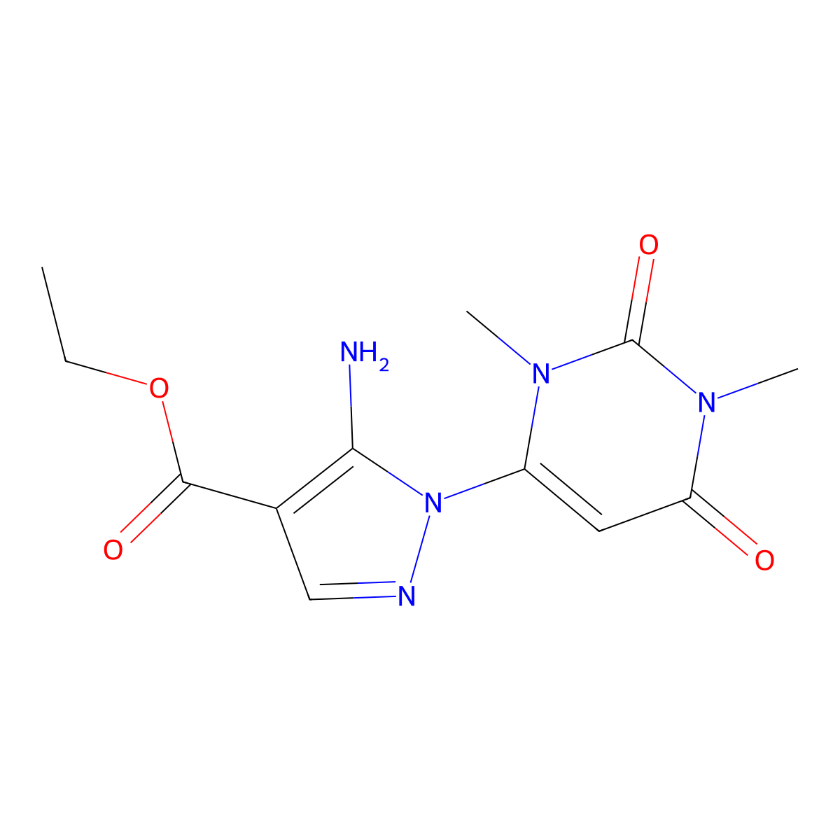 ethyl 5-amino-1-(1,3-dimethyl-2,6-dioxo-1,2,3,6-tetrahydropyrimidin-4-yl)-1H-pyrazole-4-carboxylate molecular structure, CAS 76629-68-0