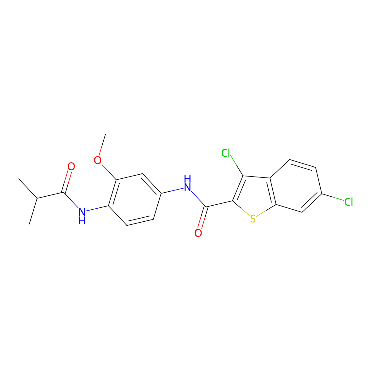 3,6-dichloro-N-{3-methoxy-4-[(2-methylpropanoyl)amino]phenyl}-1-benzothiophene-2-carboxamide molecular structure, CAS 766523-61-9