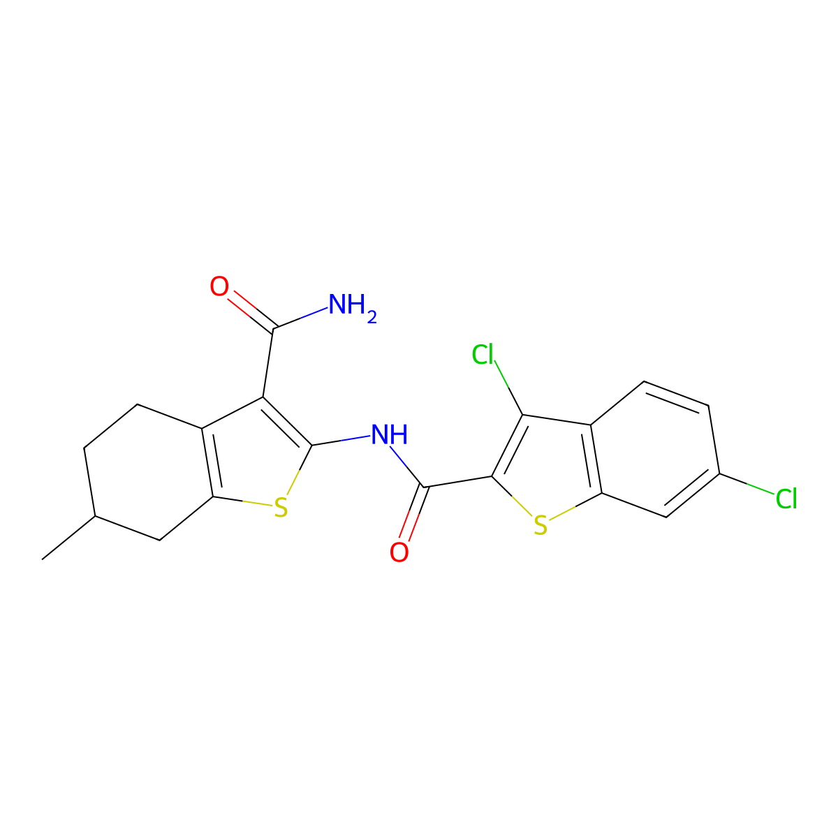 N-(3-carbamoyl-6-methyl-4,5,6,7-tetrahydro-1-benzothiophen-2-yl)-3,6-dichloro-1-benzothiophene-2-carboxamide molecular structure, CAS 766523-70-0