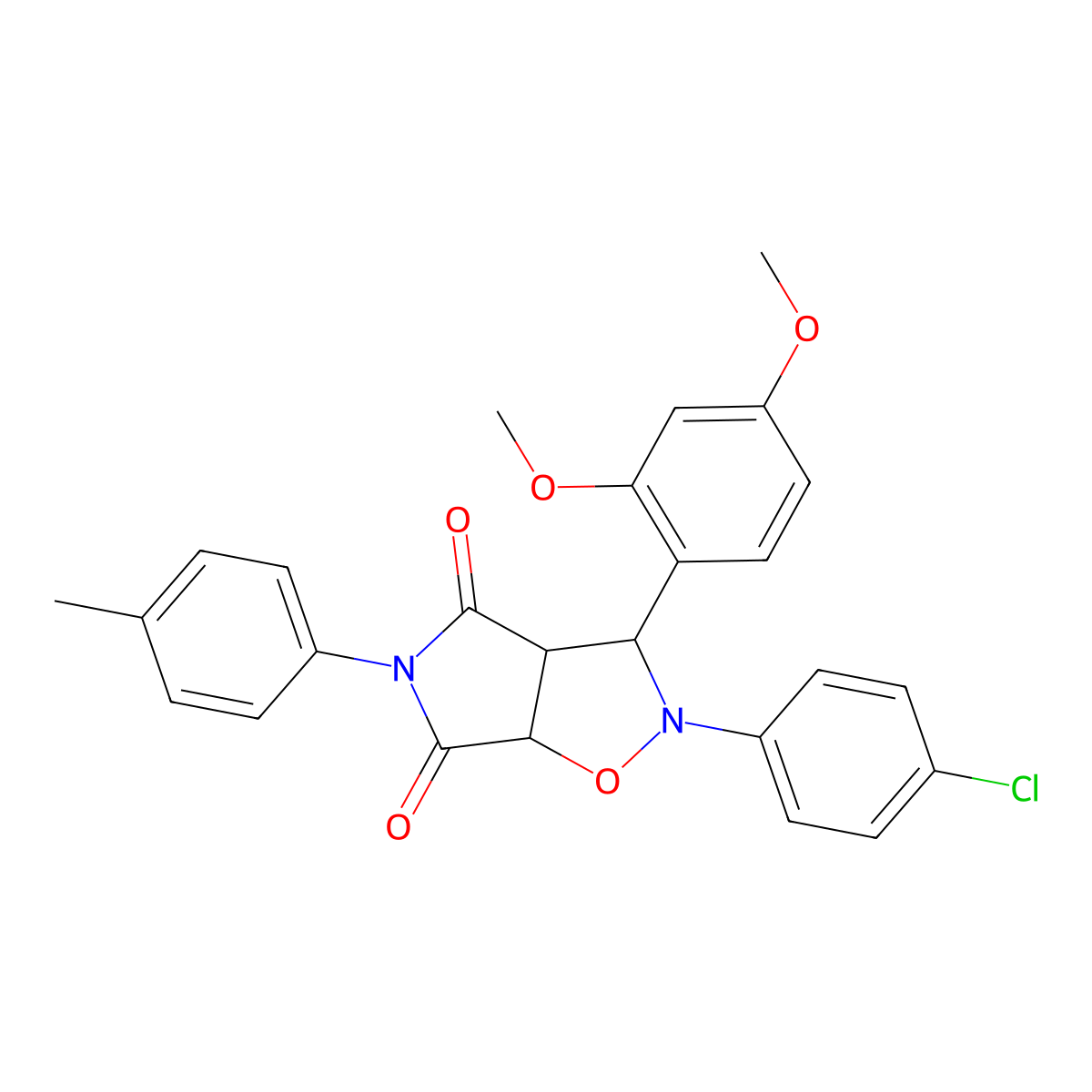 2-(4-chlorophenyl)-3-(2,4-dimethoxyphenyl)-5-(p-tolyl)dihydro-2H-pyrrolo[3,4-d]isoxazole-4,6(5H,6aH)-dione molecular structure, CAS 766533-31-7
