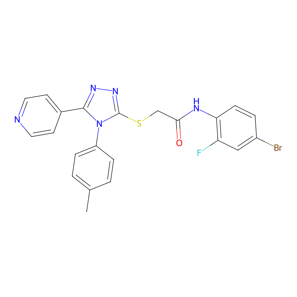 N-(4-bromo-2-fluorophenyl)-2-{[4-(4-methylphenyl)-5-(pyridin-4-yl)-4H-1,2,4-triazol-3-yl]sulfanyl}acetamide molecular structure, CAS 766534-85-4