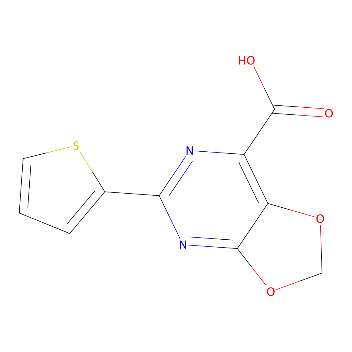 5-(thiophen-2-yl)-(1,3)dioxolo(4,5-d)pyriMidine-7-carboxylic acid molecular structure, CAS 766557-57-7