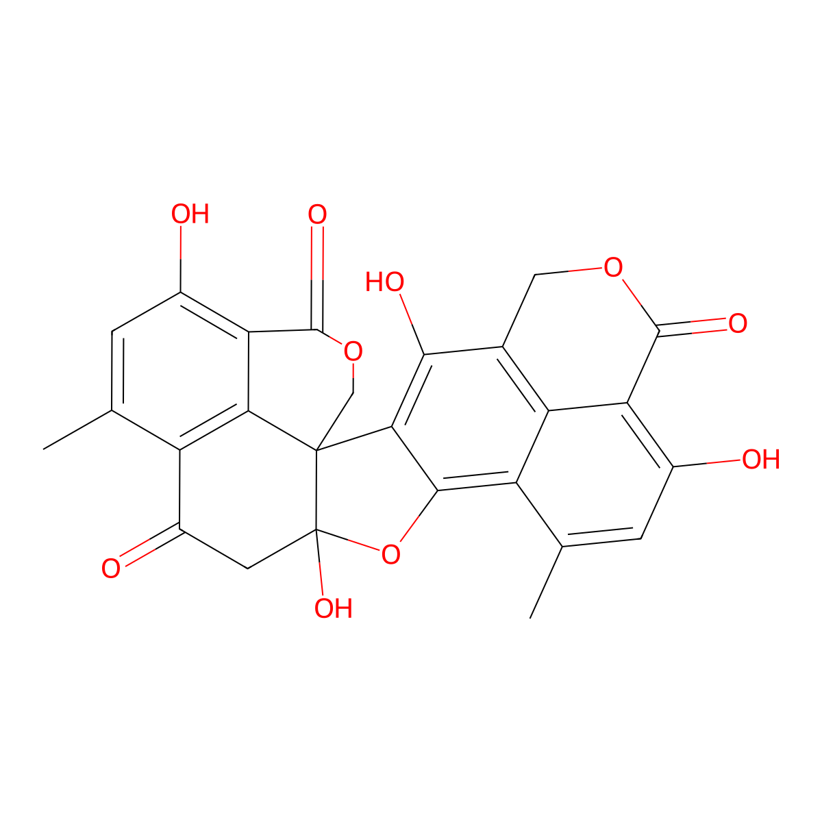 3,9,15,21-Tetrahydroxy-11,19-dimethyl-6,14,24-trioxaheptacyclo[16.7.1.14,8.01,15.02,13.022,26.012,27]heptacosa-2,4(27),8,10,12,18(26),19,21-octaene-7,17,23-trione molecular structure, CAS 76706-63-3