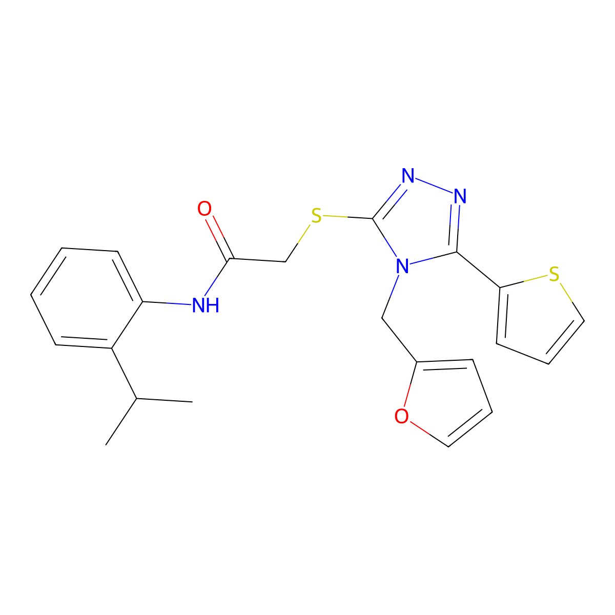 2-{[4-(furan-2-ylmethyl)-5-(thiophen-2-yl)-4H-1,2,4-triazol-3-yl]sulfanyl}-N-[2-(propan-2-yl)phenyl]acetamide molecular structure, CAS 767297-23-4