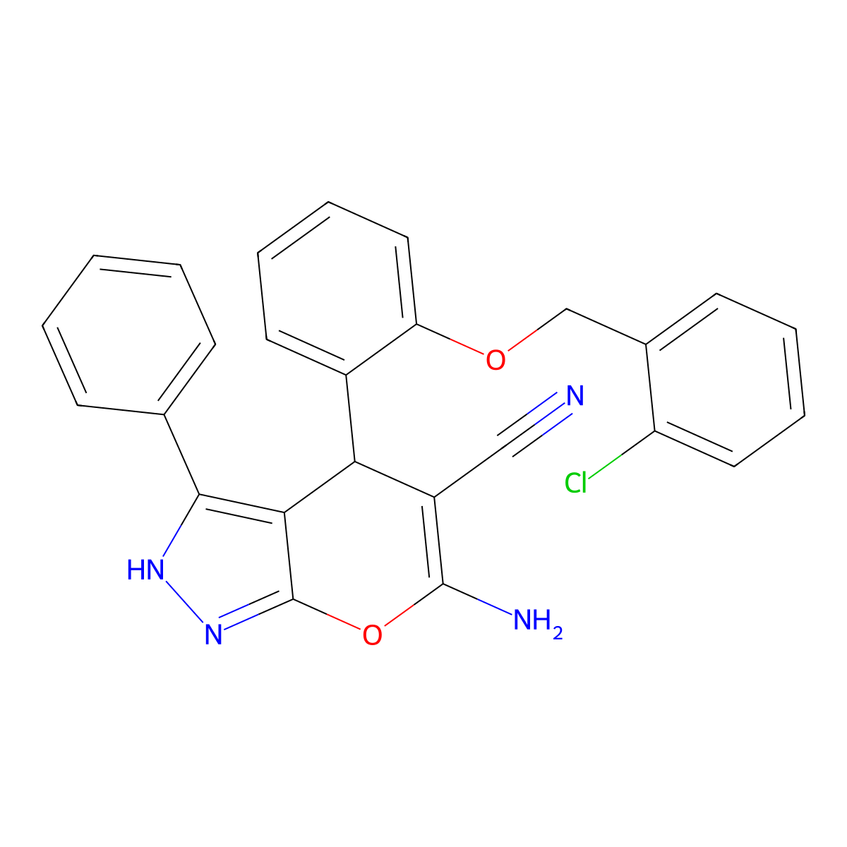 6-Amino-4-{2-[(2-chlorobenzyl)oxy]phenyl}-3-phenyl-1,4-dihydropyrano[2,3-c]pyrazole-5-carbonitrile molecular structure, CAS 767299-82-1