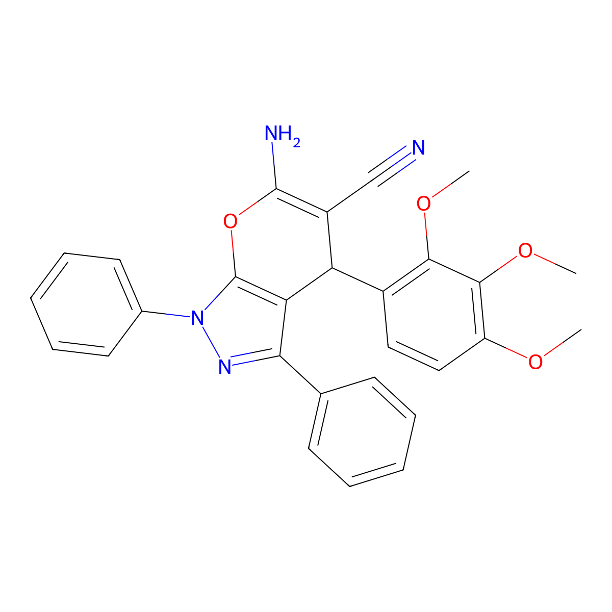 6-Amino-1,3-diphenyl-4-(2,3,4-trimethoxyphenyl)-1,4-dihydropyrano[2,3-c]pyrazole-5-carbonitrile molecular structure, CAS 767299-89-8