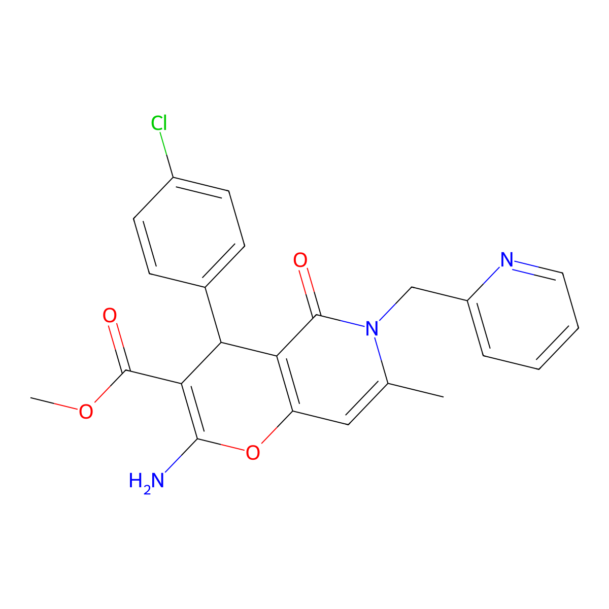 methyl 2-amino-4-(4-chlorophenyl)-7-methyl-5-oxo-6-(pyridin-2-ylmethyl)-5,6-dihydro-4H-pyrano[3,2-c]pyridine-3-carboxylate molecular structure, CAS 767299-97-8