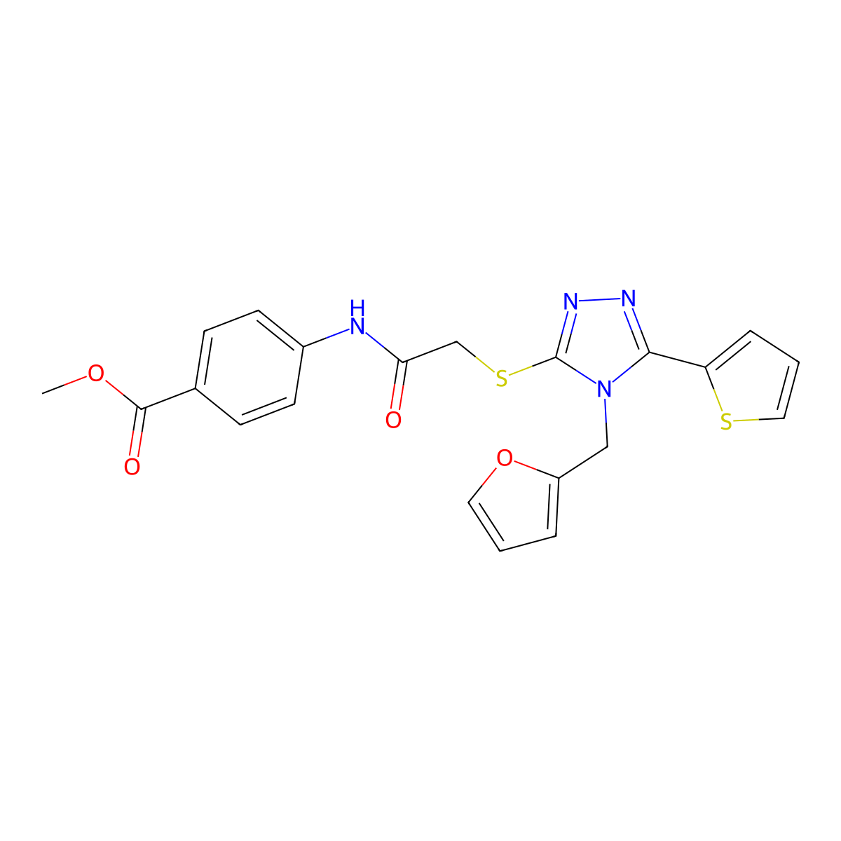 methyl 4-[({[4-(furan-2-ylmethyl)-5-(thiophen-2-yl)-4H-1,2,4-triazol-3-yl]sulfanyl}acetyl)amino]benzoate molecular structure, CAS 767299-98-9