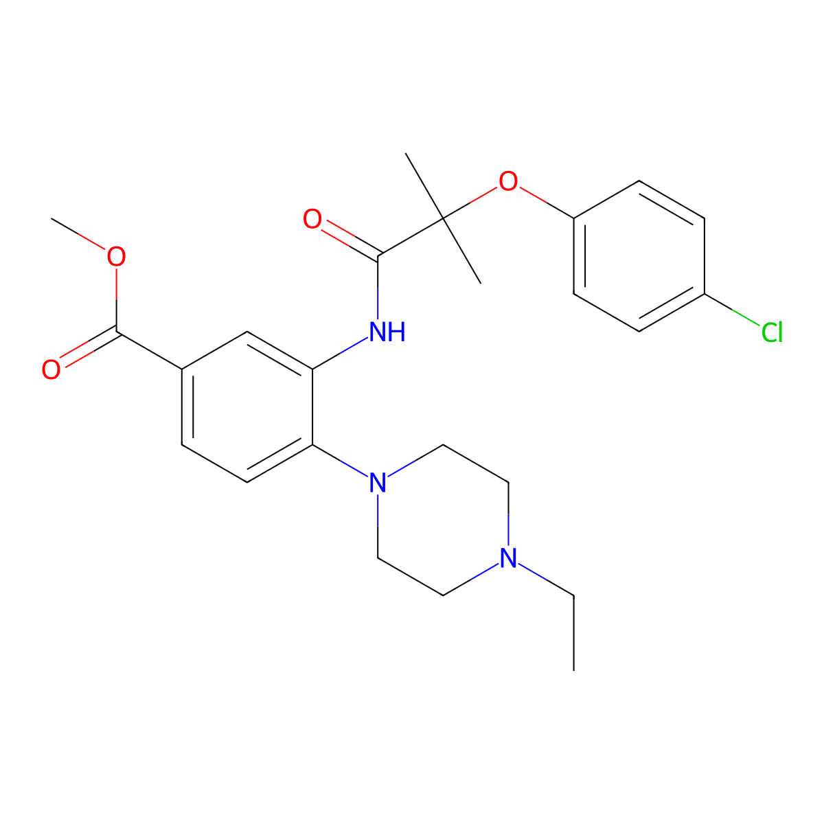 Methyl 3-{[2-(4-chlorophenoxy)-2-methylpropanoyl]amino}-4-(4-ethylpiperazin-1-yl)benzoate molecular structure, CAS 767300-19-6