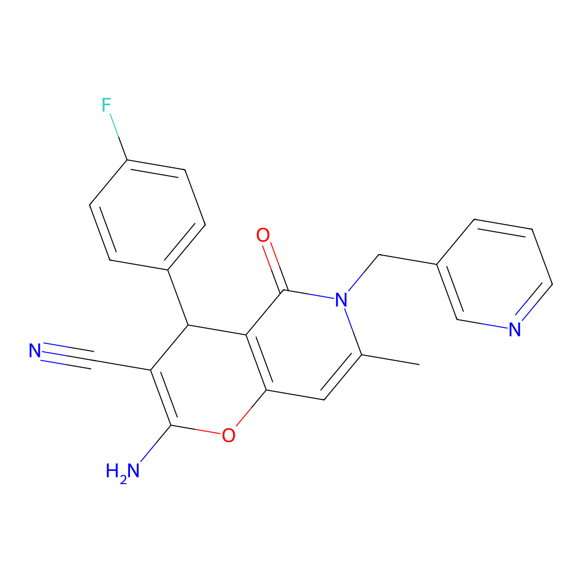 2-amino-4-(4-fluorophenyl)-7-methyl-5-oxo-6-(pyridin-3-ylmethyl)-5,6-dihydro-4H-pyrano[3,2-c]pyridine-3-carbonitrile molecular structure, CAS 767300-20-9
