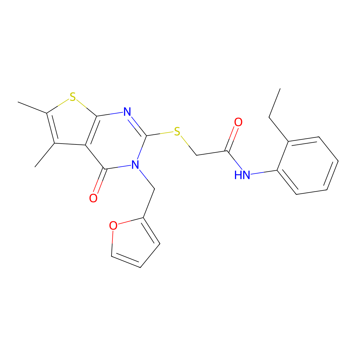 N-(2-ethylphenyl)-2-[3-(2-furylmethyl)-5,6-dimethyl-4-oxo(3-hydrothiopheno[2,3-d]pyrimidin-2-ylthio)]acetamide molecular structure, CAS 767308-31-6