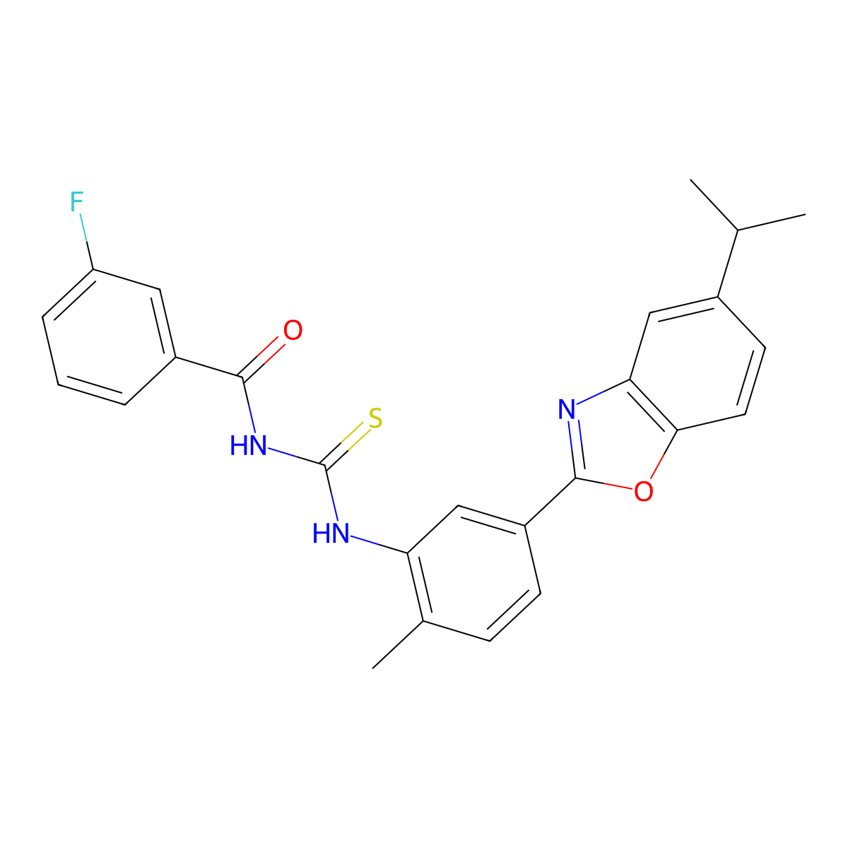 3-fluoro-N-[[2-methyl-5-(5-propan-2-yl-1,3-benzoxazol-2-yl)phenyl]carbamothioyl]benzamide molecular structure, CAS 767316-56-3