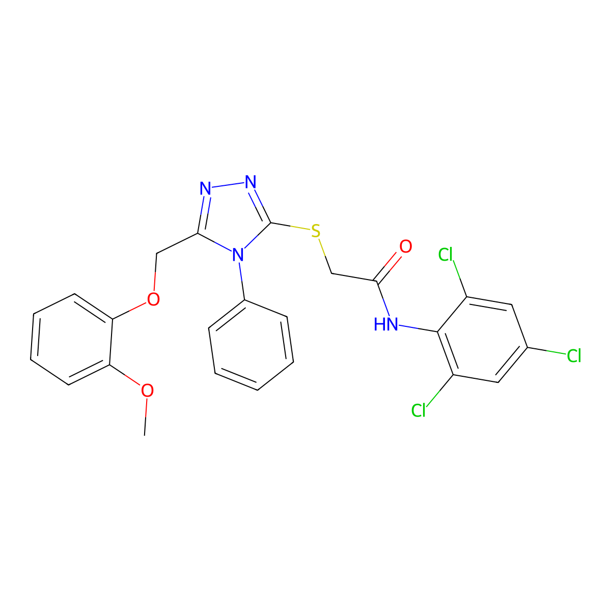 2-[[5-[(2-methoxyphenoxy)methyl]-4-phenyl-1,2,4-triazol-3-yl]sulfanyl]-N-(2,4,6-trichlorophenyl)acetamide molecular structure, CAS 767324-08-3