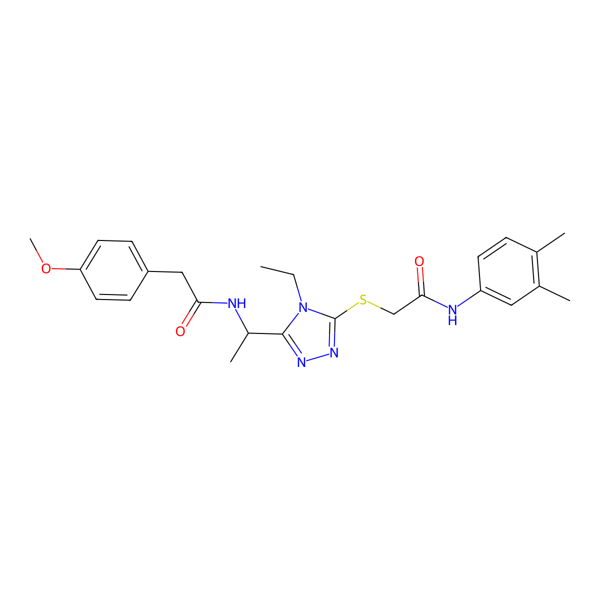 N-(3,4-dimethylphenyl)-2-{[4-ethyl-5-(1-{[(4-methoxyphenyl)acetyl]amino}ethyl)-4H-1,2,4-triazol-3-yl]sulfanyl}acetamide molecular structure, CAS 767324-38-9