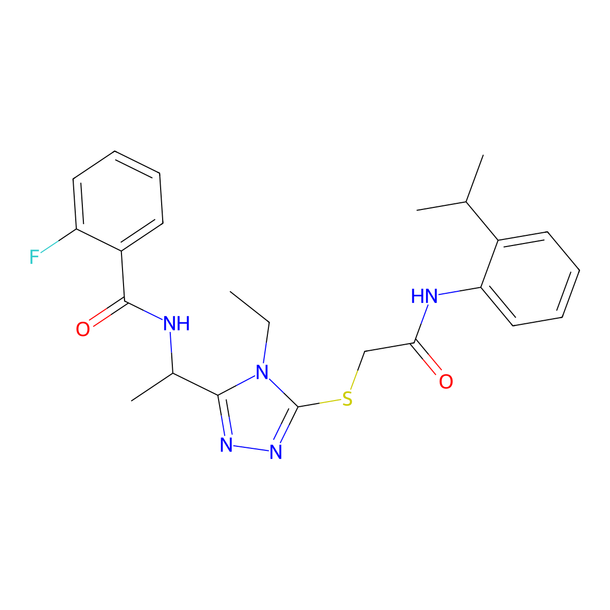 N-(1-{4-ethyl-5-[(2-oxo-2-{[2-(propan-2-yl)phenyl]amino}ethyl)sulfanyl]-4H-1,2,4-triazol-3-yl}ethyl)-2-fluorobenzamide molecular structure, CAS 767324-43-6