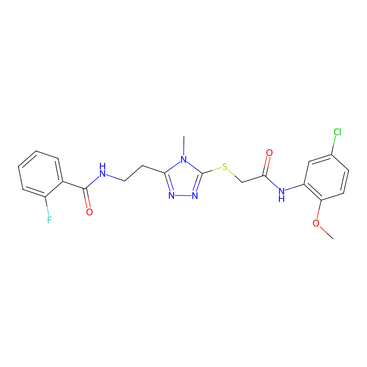 N-[2-[5-[2-(5-chloro-2-methoxyanilino)-2-oxoethyl]sulfanyl-4-methyl-1,2,4-triazol-3-yl]ethyl]-2-fluorobenzamide molecular structure, CAS 767324-50-5