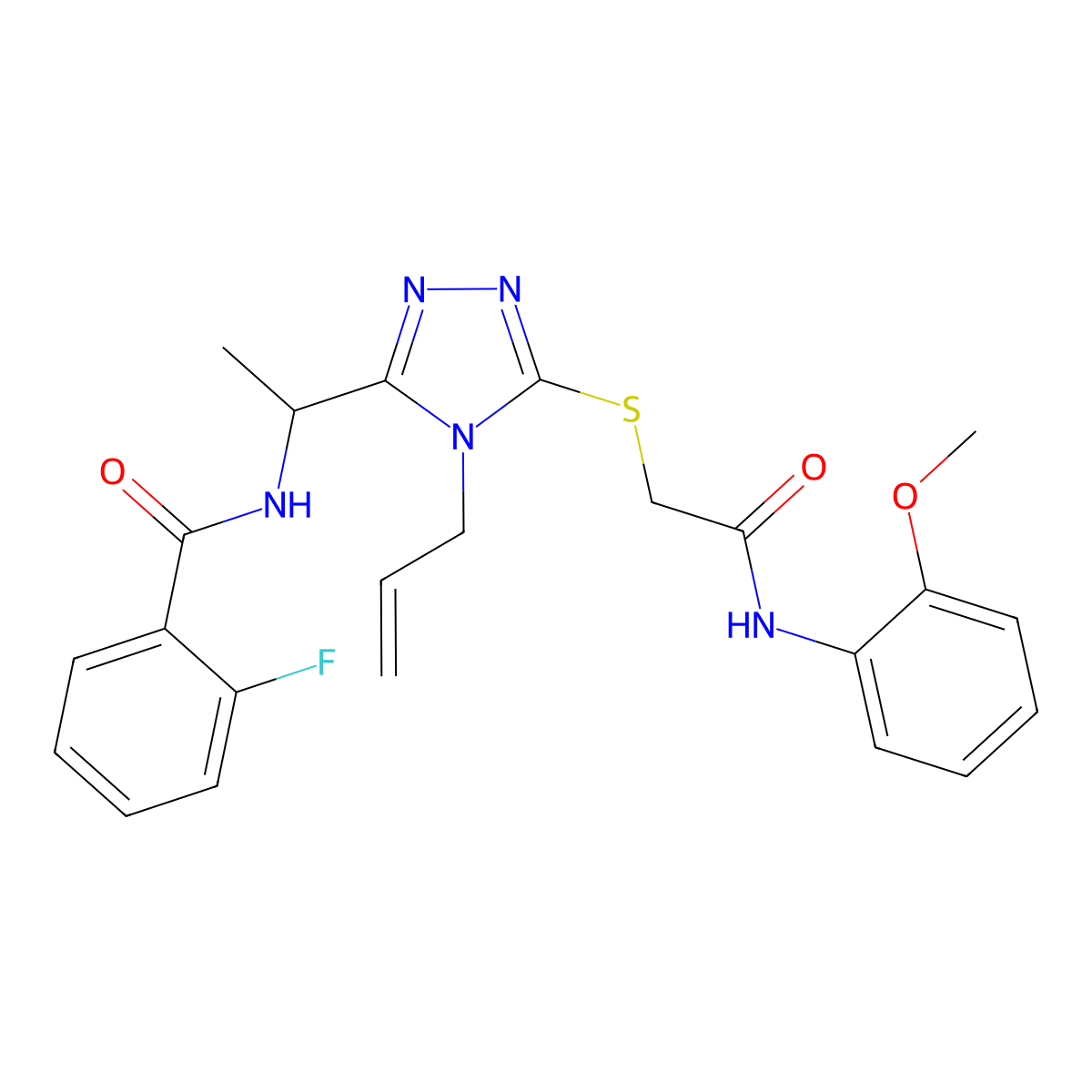 2-fluoro-N-{1-[5-({2-[(2-methoxyphenyl)amino]-2-oxoethyl}sulfanyl)-4-(prop-2-en-1-yl)-4H-1,2,4-triazol-3-yl]ethyl}benzamide molecular structure, CAS 767324-69-6