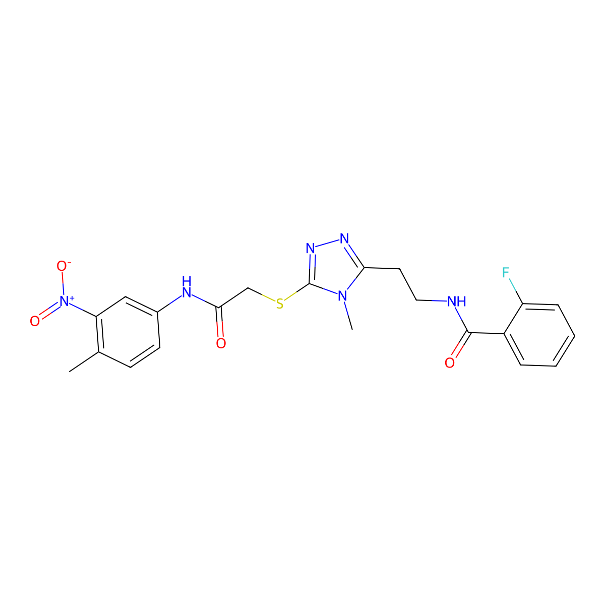 2-fluoro-N-[2-[4-methyl-5-[2-(4-methyl-3-nitroanilino)-2-oxoethyl]sulfanyl-1,2,4-triazol-3-yl]ethyl]benzamide molecular structure, CAS 767324-74-3