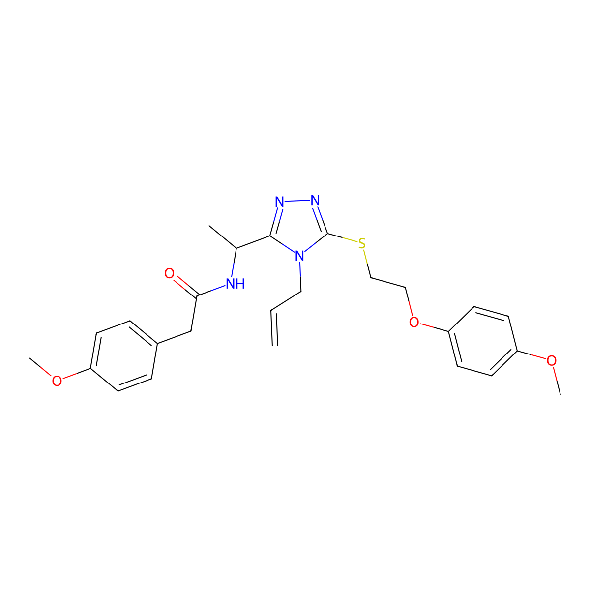 N-{1-[5-{[2-(4-methoxyphenoxy)ethyl]sulfanyl}-4-(prop-2-en-1-yl)-4H-1,2,4-triazol-3-yl]ethyl}-2-(4-methoxyphenyl)acetamide molecular structure, CAS 767324-82-3