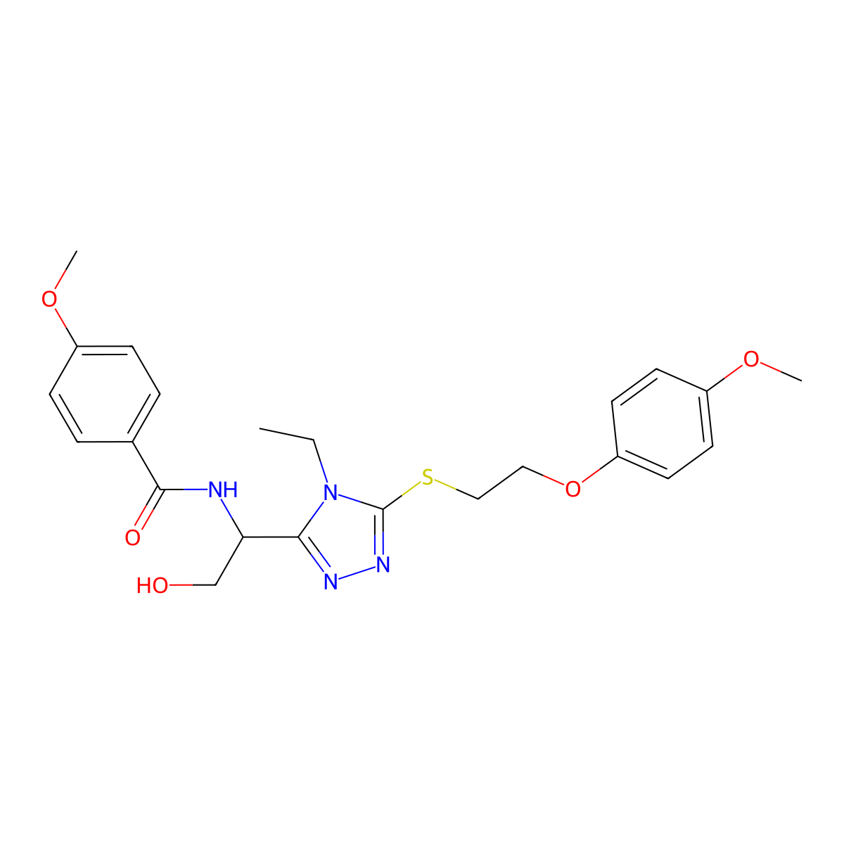 N-[1-(4-ethyl-5-{[2-(4-methoxyphenoxy)ethyl]sulfanyl}-4H-1,2,4-triazol-3-yl)-2-hydroxyethyl]-4-methoxybenzamide molecular structure, CAS 767324-90-3