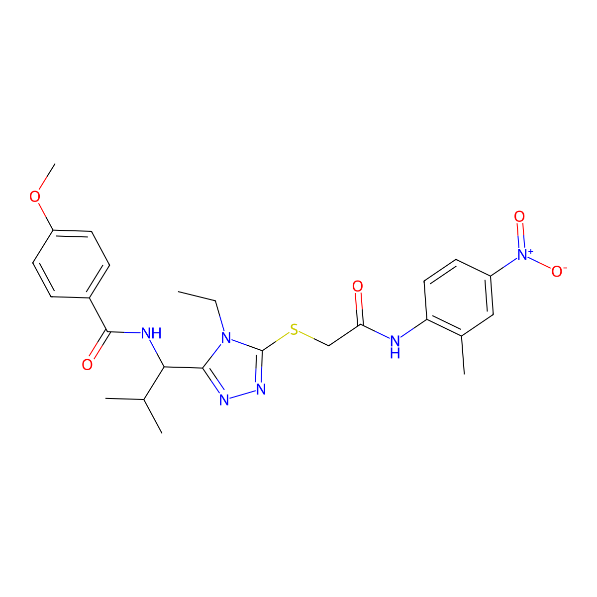 N-{1-[4-ethyl-5-({2-[(2-methyl-4-nitrophenyl)amino]-2-oxoethyl}sulfanyl)-4H-1,2,4-triazol-3-yl]-2-methylpropyl}-4-methoxybenzamide molecular structure, CAS 767325-17-7