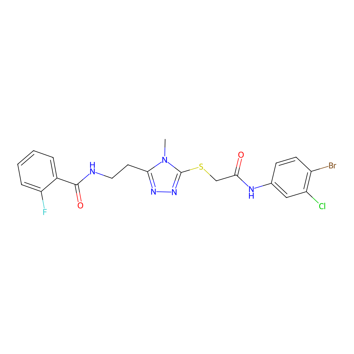 N-[2-[5-[2-(4-bromo-3-chloroanilino)-2-oxoethyl]sulfanyl-4-methyl-1,2,4-triazol-3-yl]ethyl]-2-fluorobenzamide molecular structure, CAS 767325-21-3