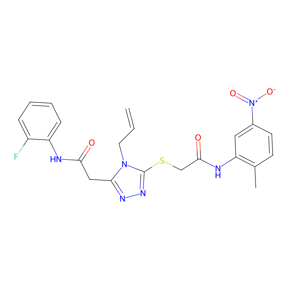 N-(2-fluorophenyl)-2-[5-[2-(2-methyl-5-nitroanilino)-2-oxoethyl]sulfanyl-4-prop-2-enyl-1,2,4-triazol-3-yl]acetamide molecular structure, CAS 767325-27-9
