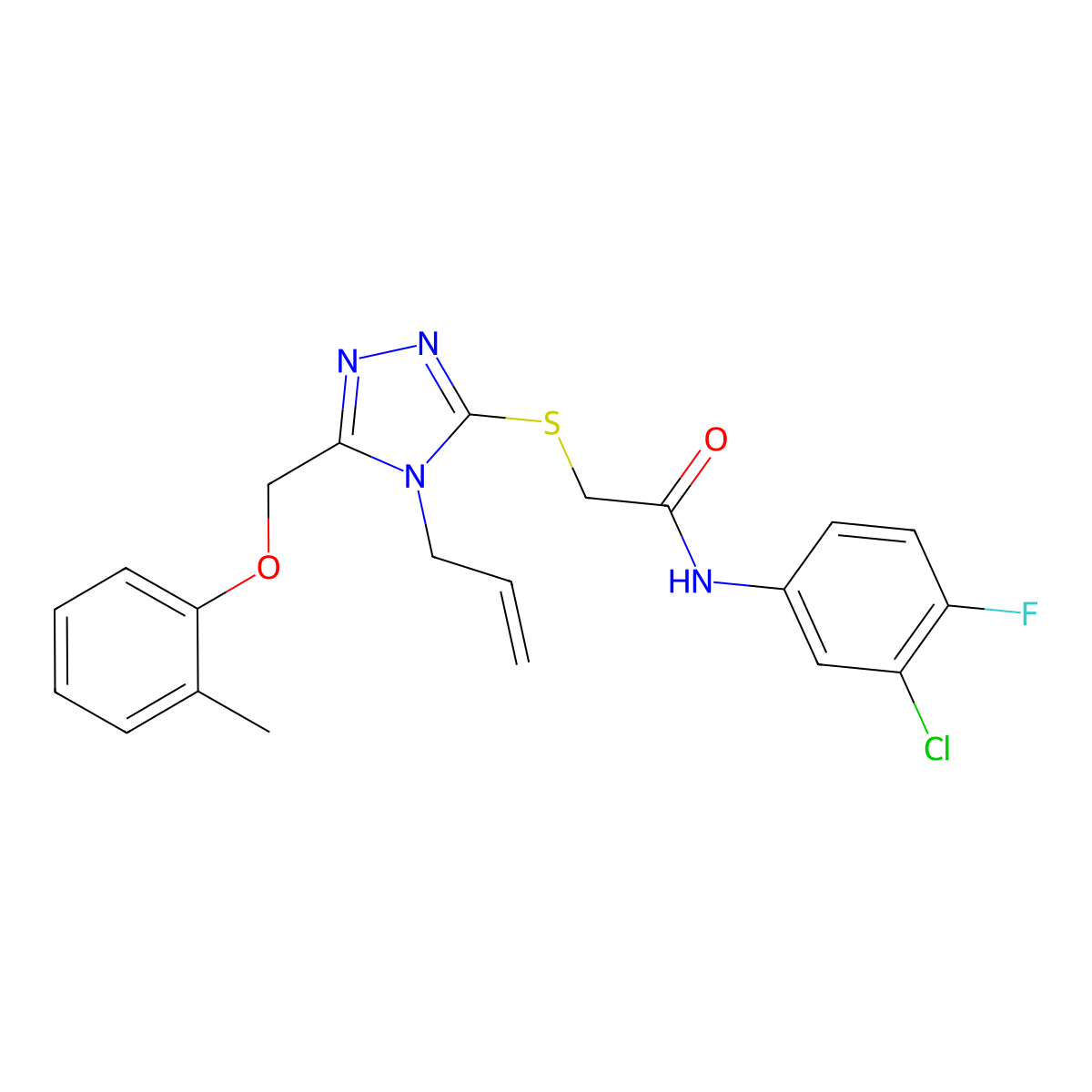 N-(3-chloro-4-fluorophenyl)-2-[[5-[(2-methylphenoxy)methyl]-4-prop-2-enyl-1,2,4-triazol-3-yl]sulfanyl]acetamide molecular structure, CAS 767325-29-1