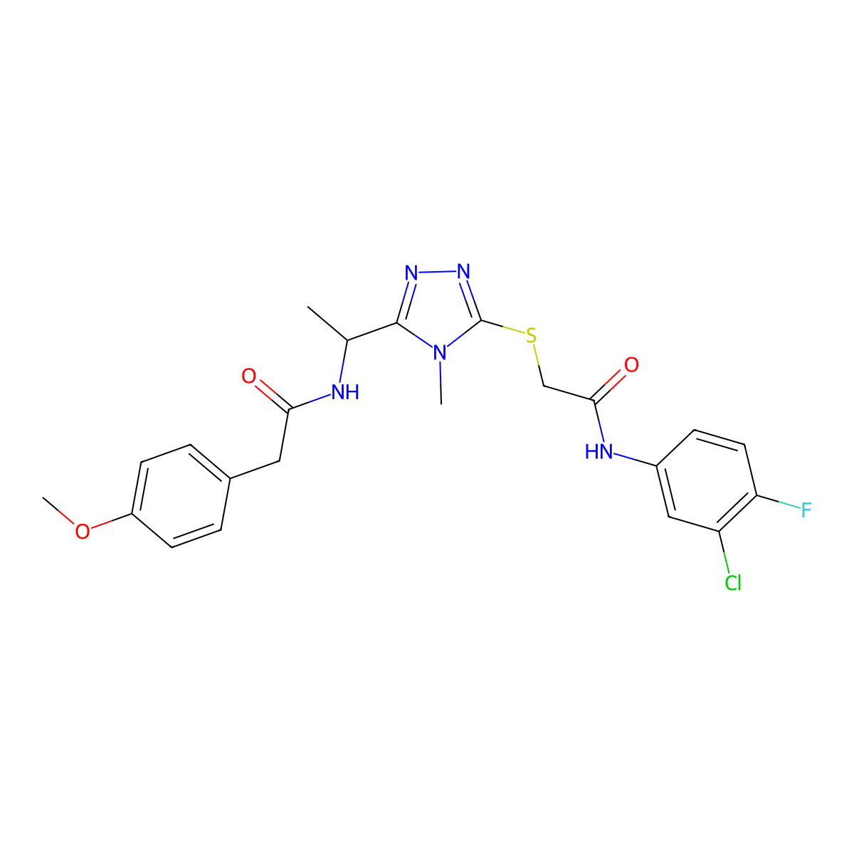 N-{1-[5-({2-[(3-chloro-4-fluorophenyl)amino]-2-oxoethyl}sulfanyl)-4-methyl-4H-1,2,4-triazol-3-yl]ethyl}-2-(4-methoxyphenyl)acetamide molecular structure, CAS 767325-30-4