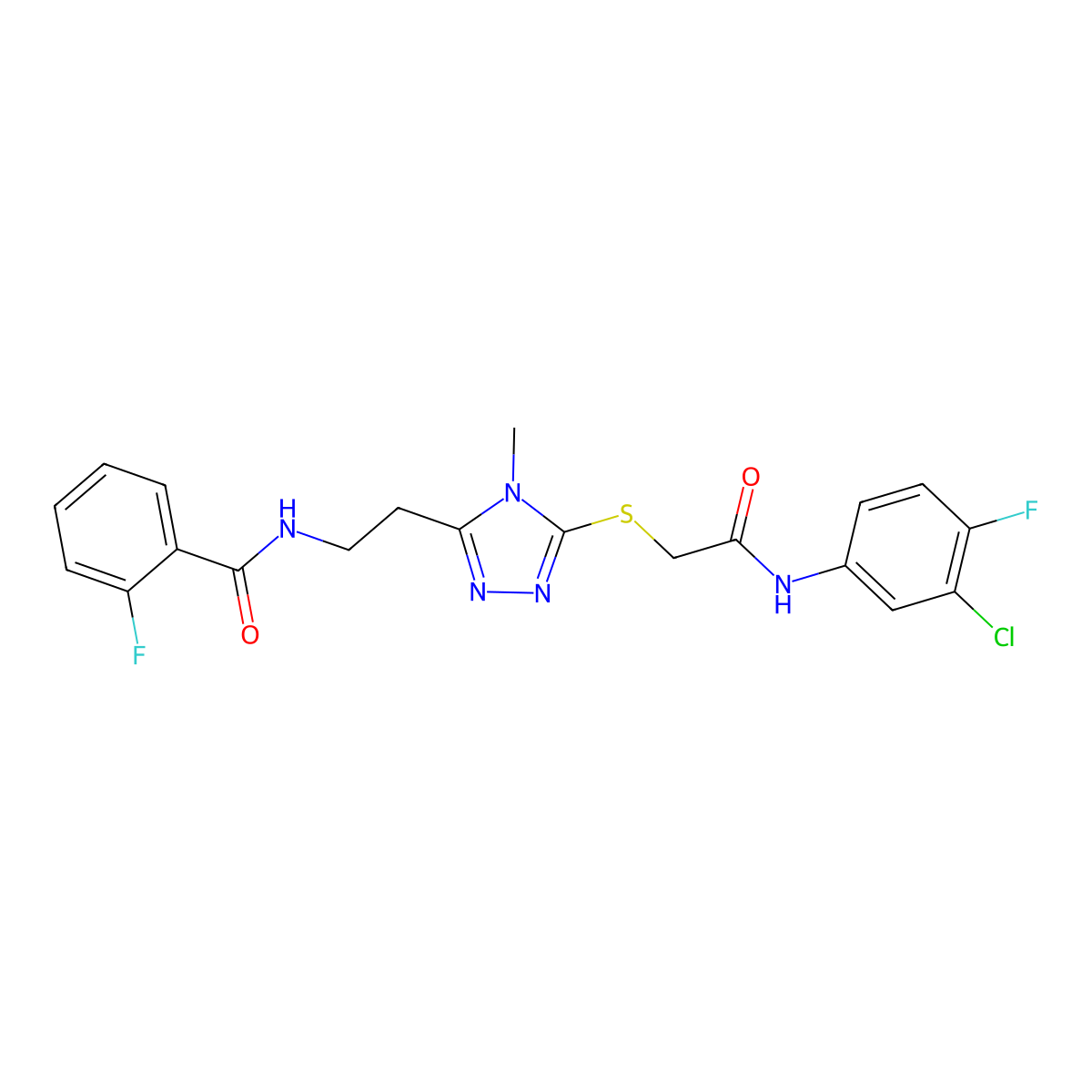 N-[2-[5-[2-(3-chloro-4-fluoroanilino)-2-oxoethyl]sulfanyl-4-methyl-1,2,4-triazol-3-yl]ethyl]-2-fluorobenzamide molecular structure, CAS 767325-31-5