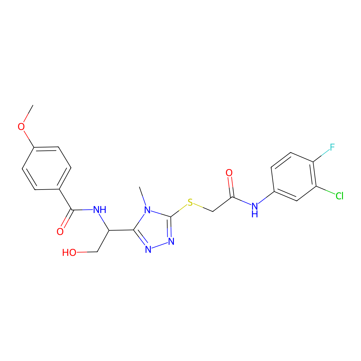 N-[1-[5-[2-(3-chloro-4-fluoroanilino)-2-oxoethyl]sulfanyl-4-methyl-1,2,4-triazol-3-yl]-2-hydroxyethyl]-4-methoxybenzamide molecular structure, CAS 767325-32-6