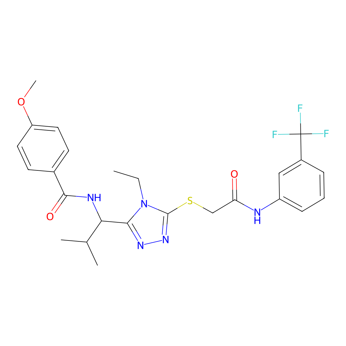 N-[1-[4-ethyl-5-[2-oxo-2-[3-(trifluoromethyl)anilino]ethyl]sulfanyl-1,2,4-triazol-3-yl]-2-methylpropyl]-4-methoxybenzamide molecular structure, CAS 767325-36-0