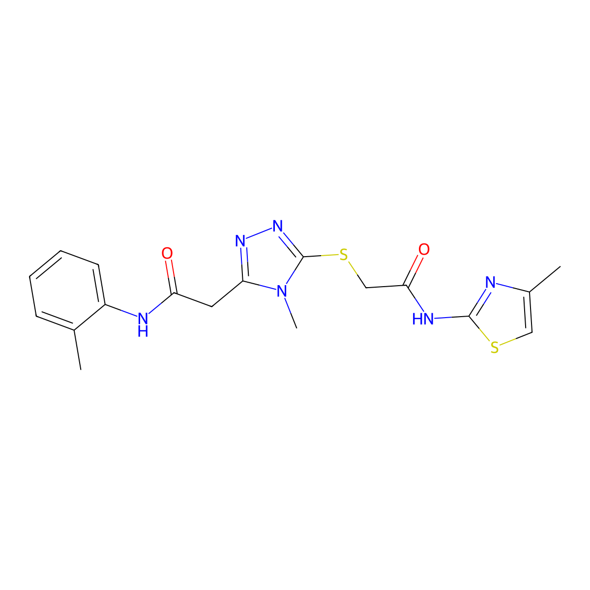 2-[4-methyl-5-[2-[(4-methyl-1,3-thiazol-2-yl)amino]-2-oxoethyl]sulfanyl-1,2,4-triazol-3-yl]-N-(2-methylphenyl)acetamide molecular structure, CAS 767325-38-2