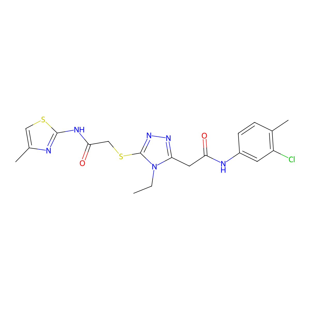 N-(3-chloro-4-methylphenyl)-2-[4-ethyl-5-[2-[(4-methyl-1,3-thiazol-2-yl)amino]-2-oxoethyl]sulfanyl-1,2,4-triazol-3-yl]acetamide molecular structure, CAS 767325-39-3